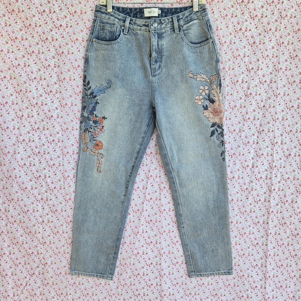 MINKPINK Wild Flower Scando Embroidered Floral High Rise Slim Ankle Jeans Size M